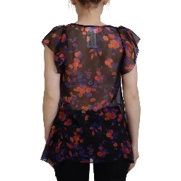 Black Floral Print Short Sleeves V-neck Blouse Top