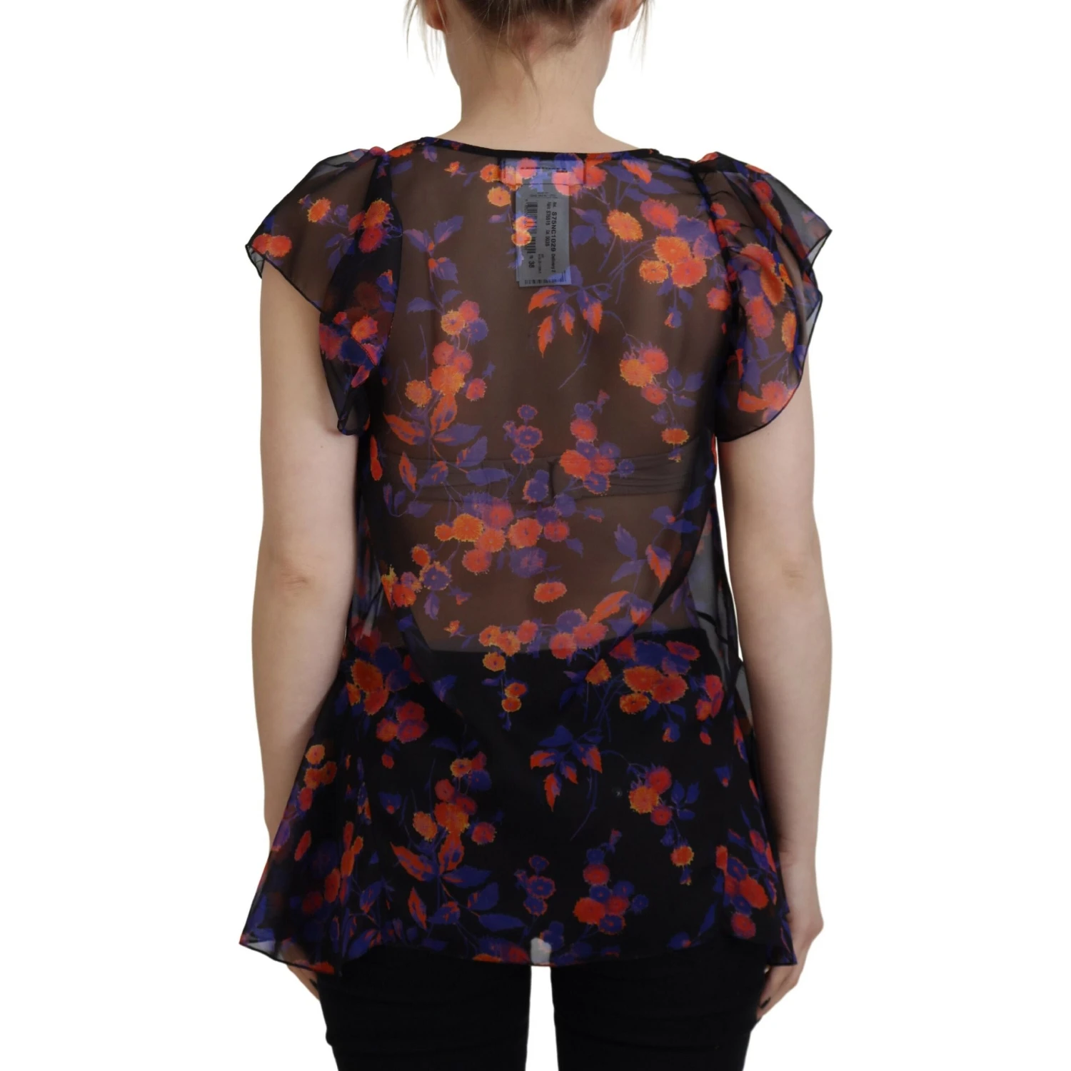 Black Floral Print Short Sleeves V-neck Blouse Top