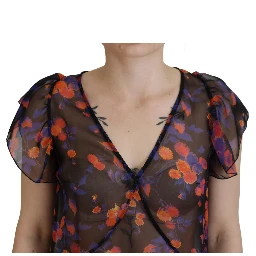 Black Floral Print Short Sleeves V-neck Blouse Top