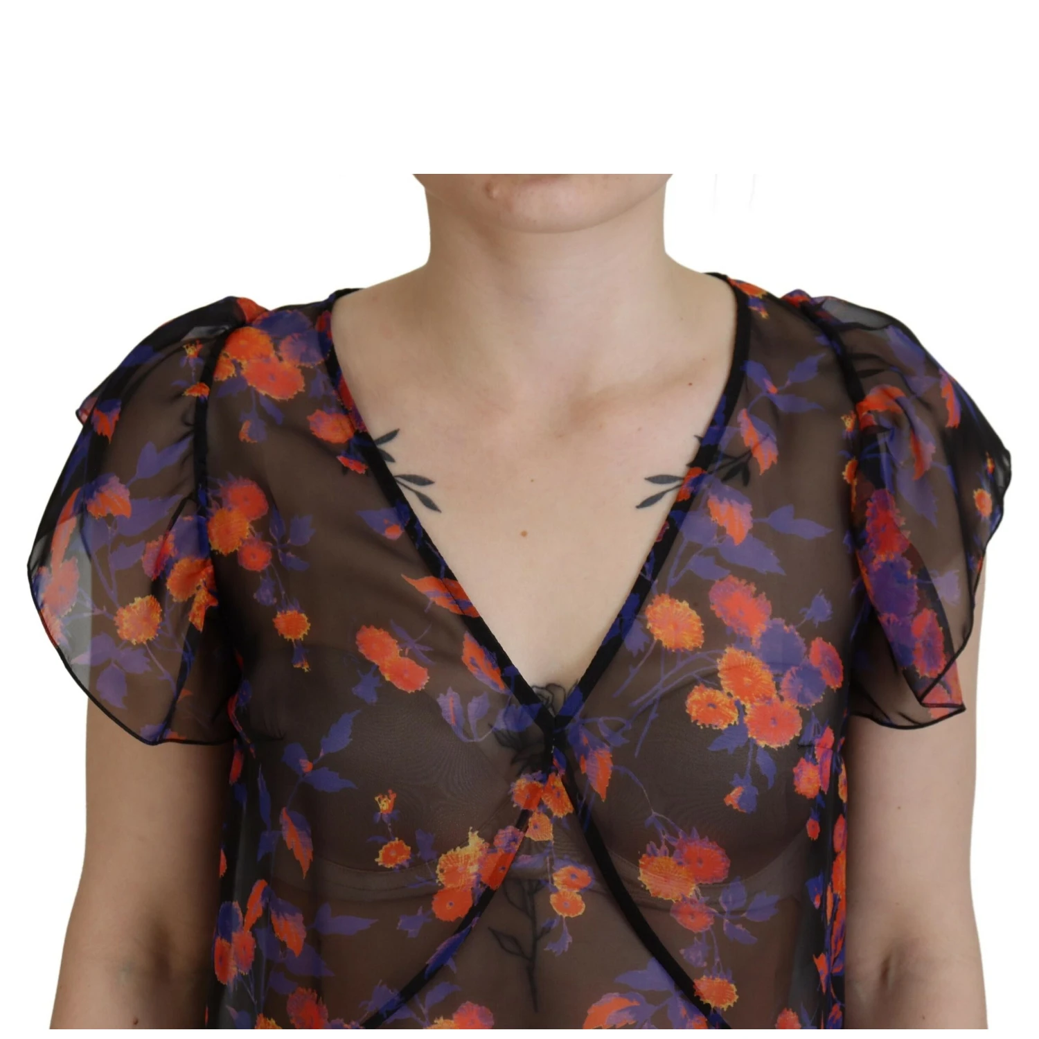 Black Floral Print Short Sleeves V-neck Blouse Top