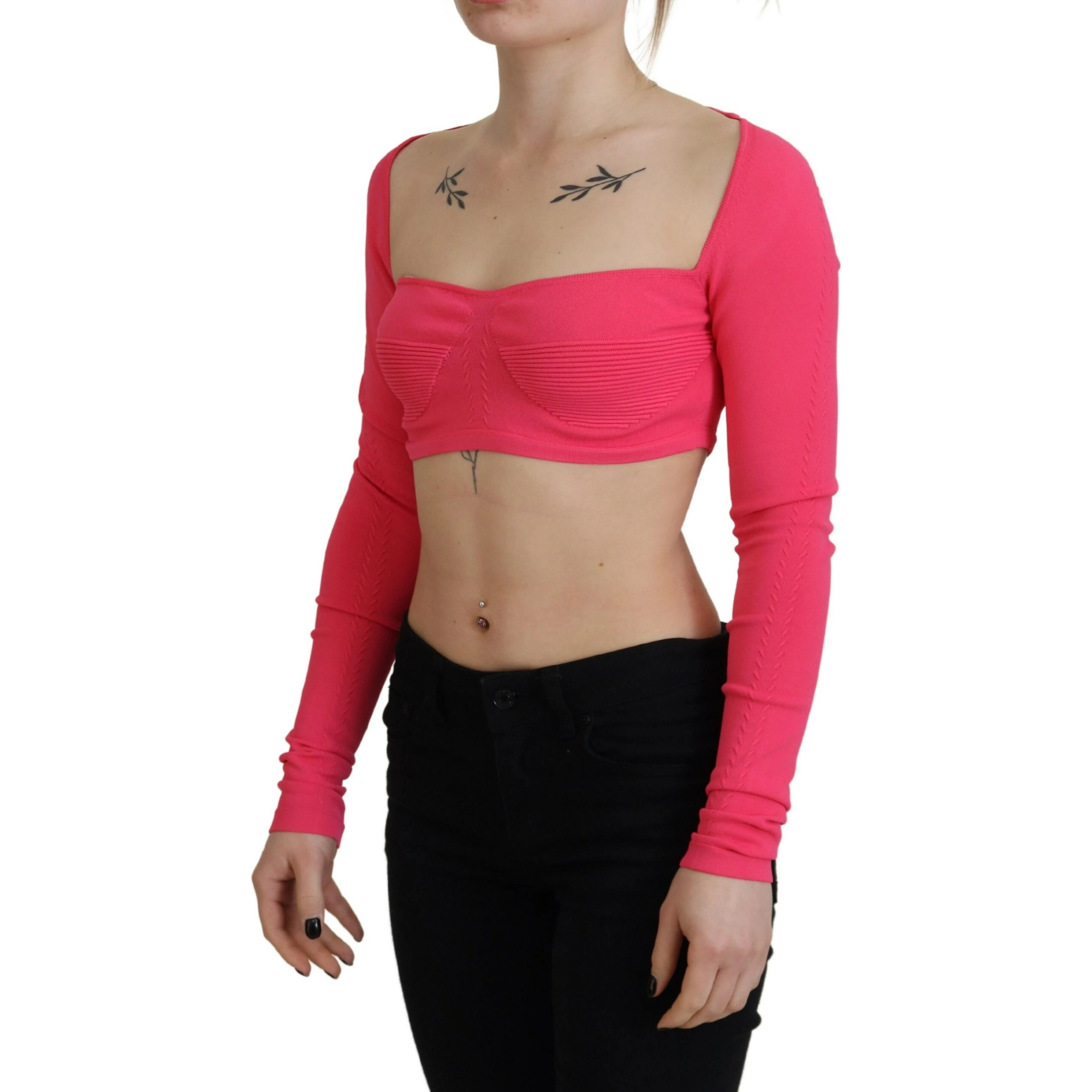 Pink Viscose Knit Square Neck Long Sleeves Top