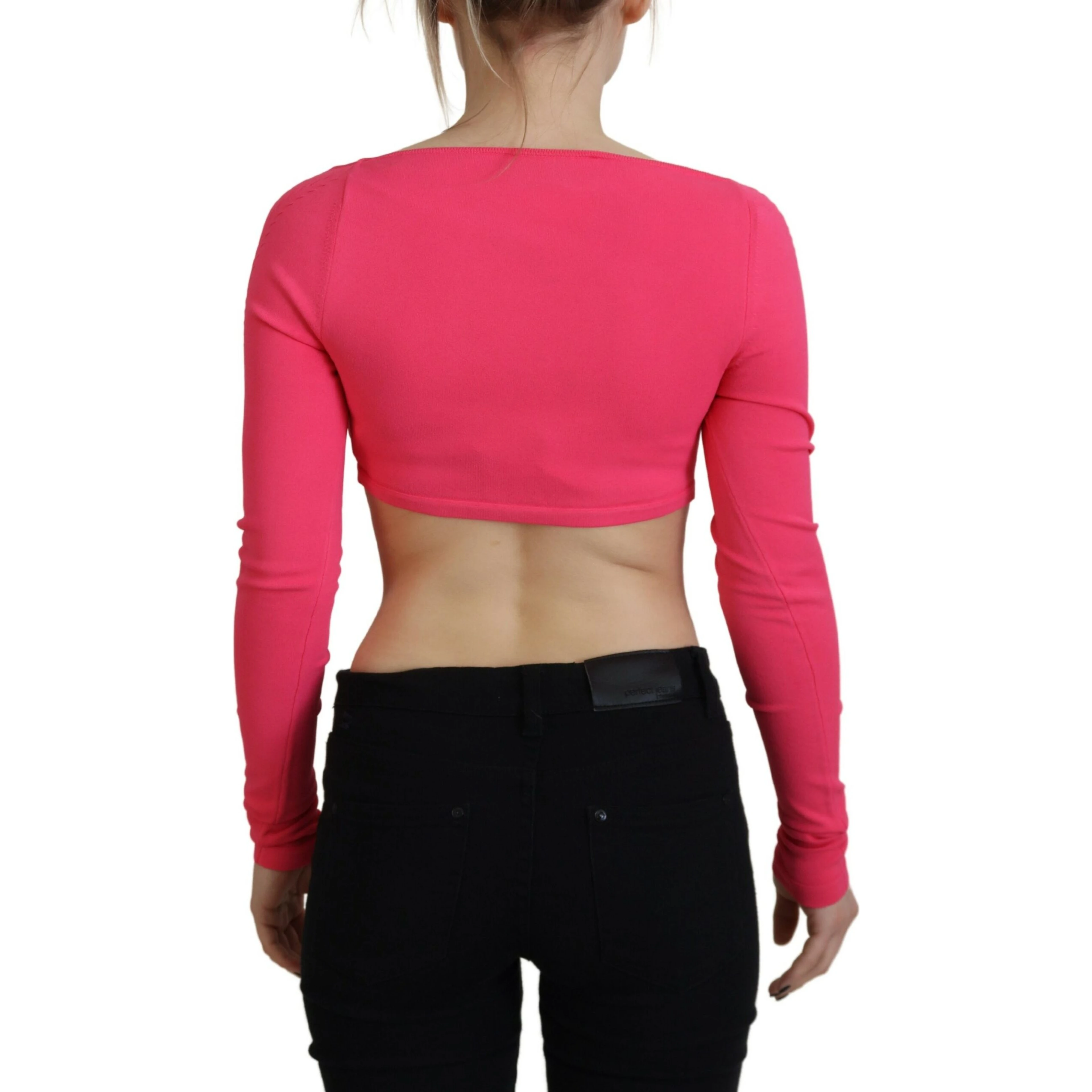 Pink Viscose Knit Square Neck Long Sleeves Top