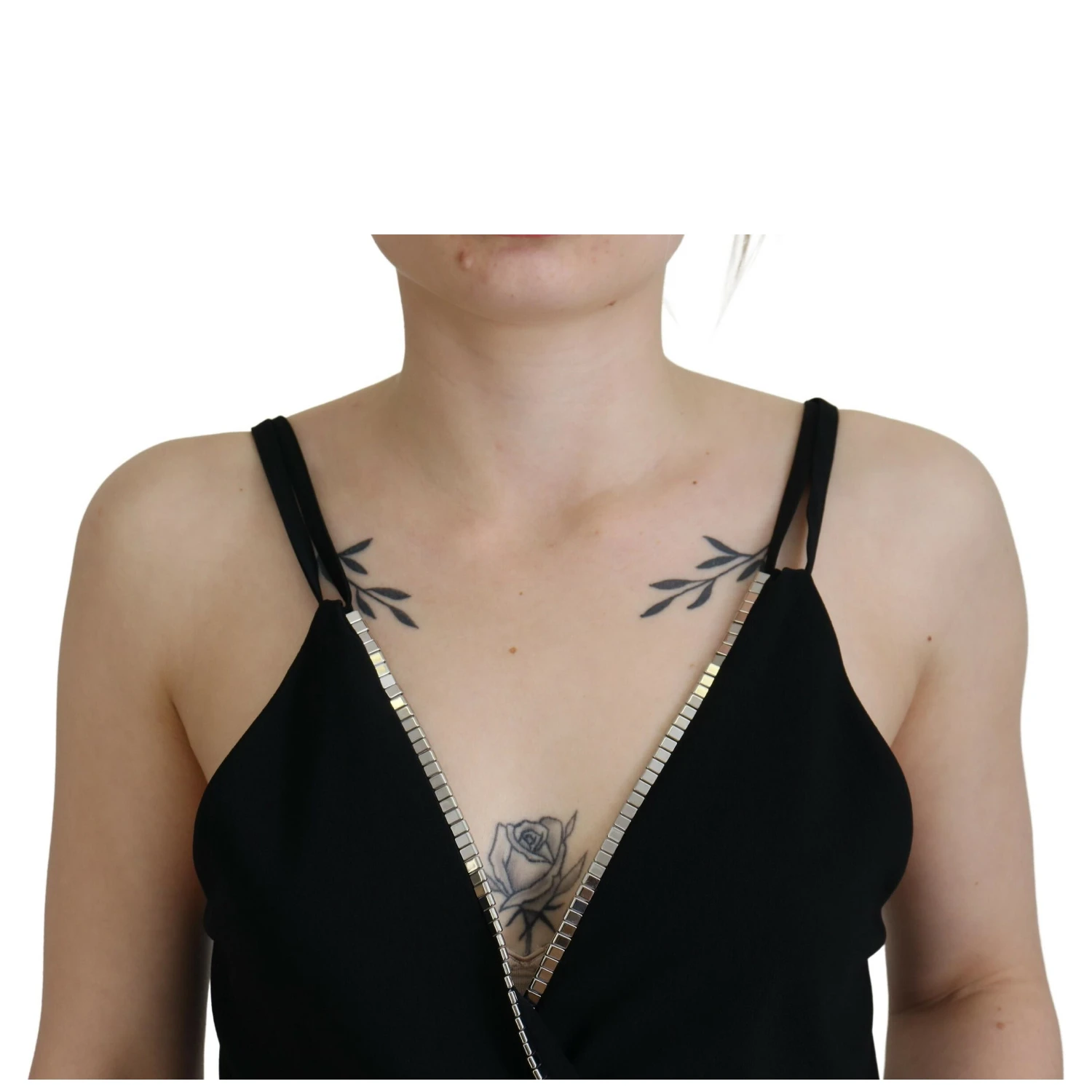 Black Embellished Deep V-neck Sleeveless Tank Top