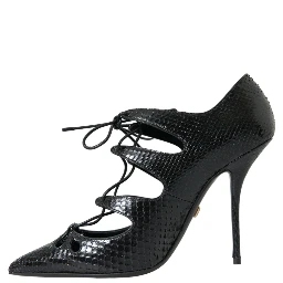 Black Python Leather Mary Jane Pumps Shoes