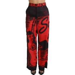 Red Printed High Waist Straight Pants
