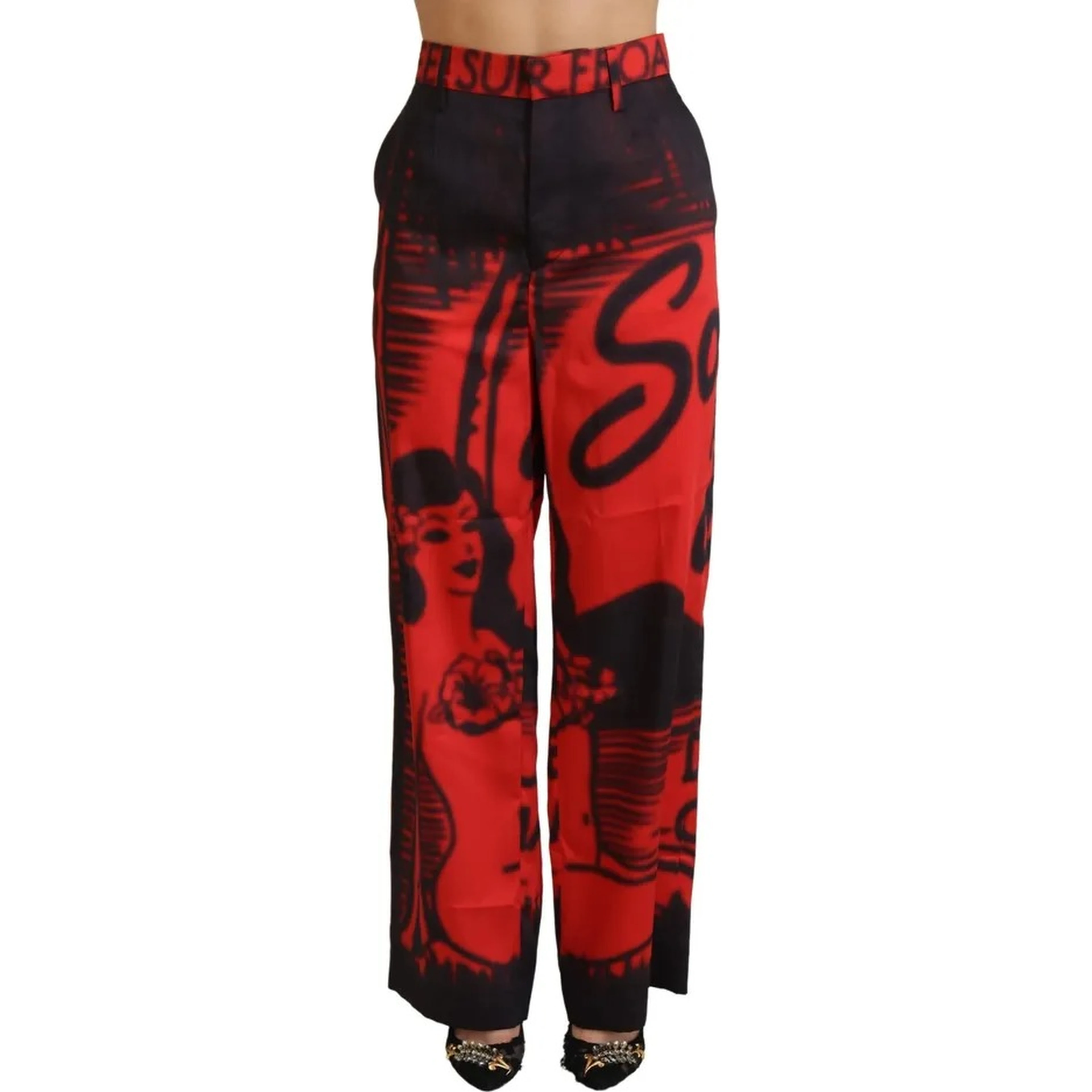 Red Printed High Waist Straight Pants