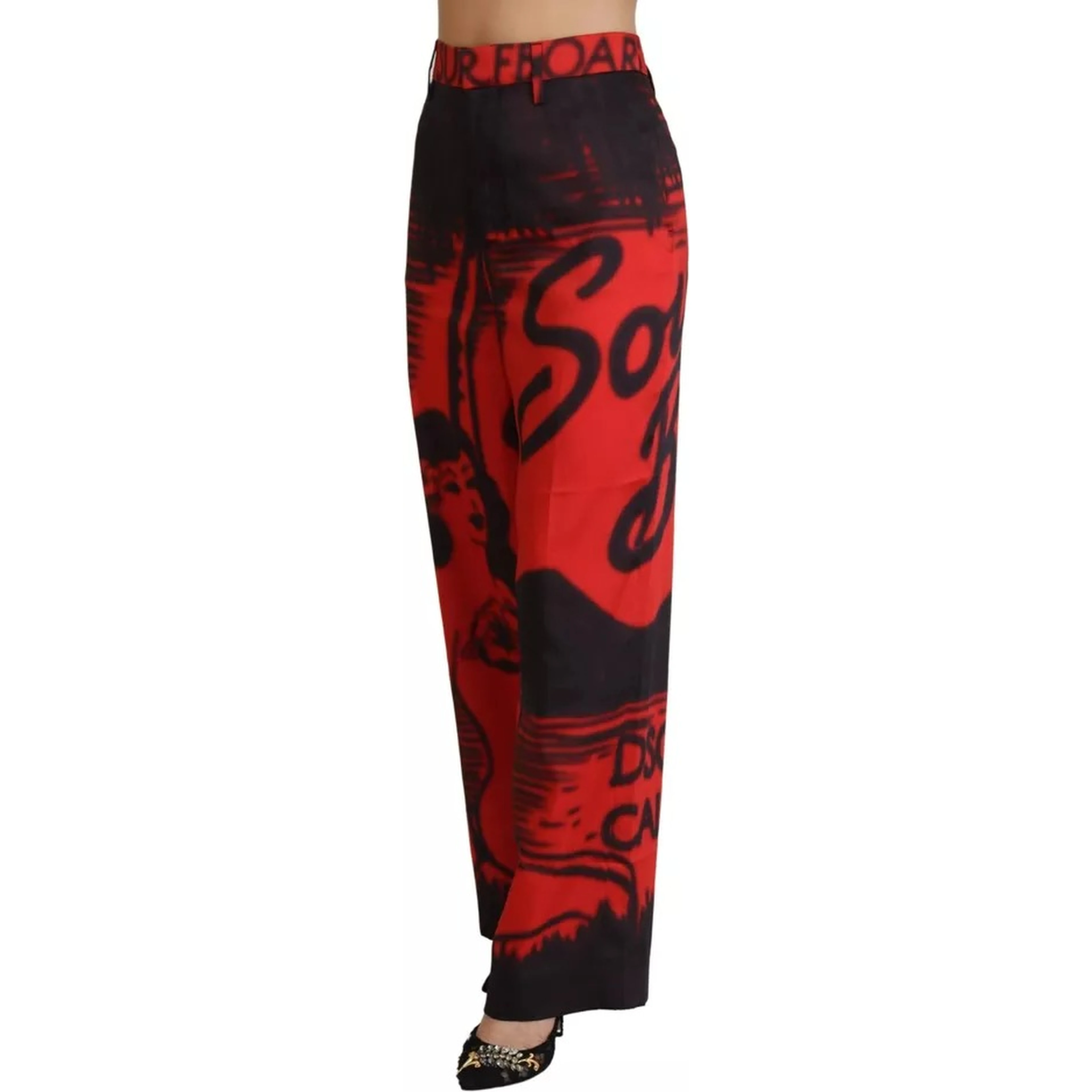 Red Printed High Waist Straight Pants