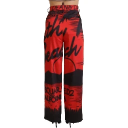 Red Printed High Waist Straight Pants