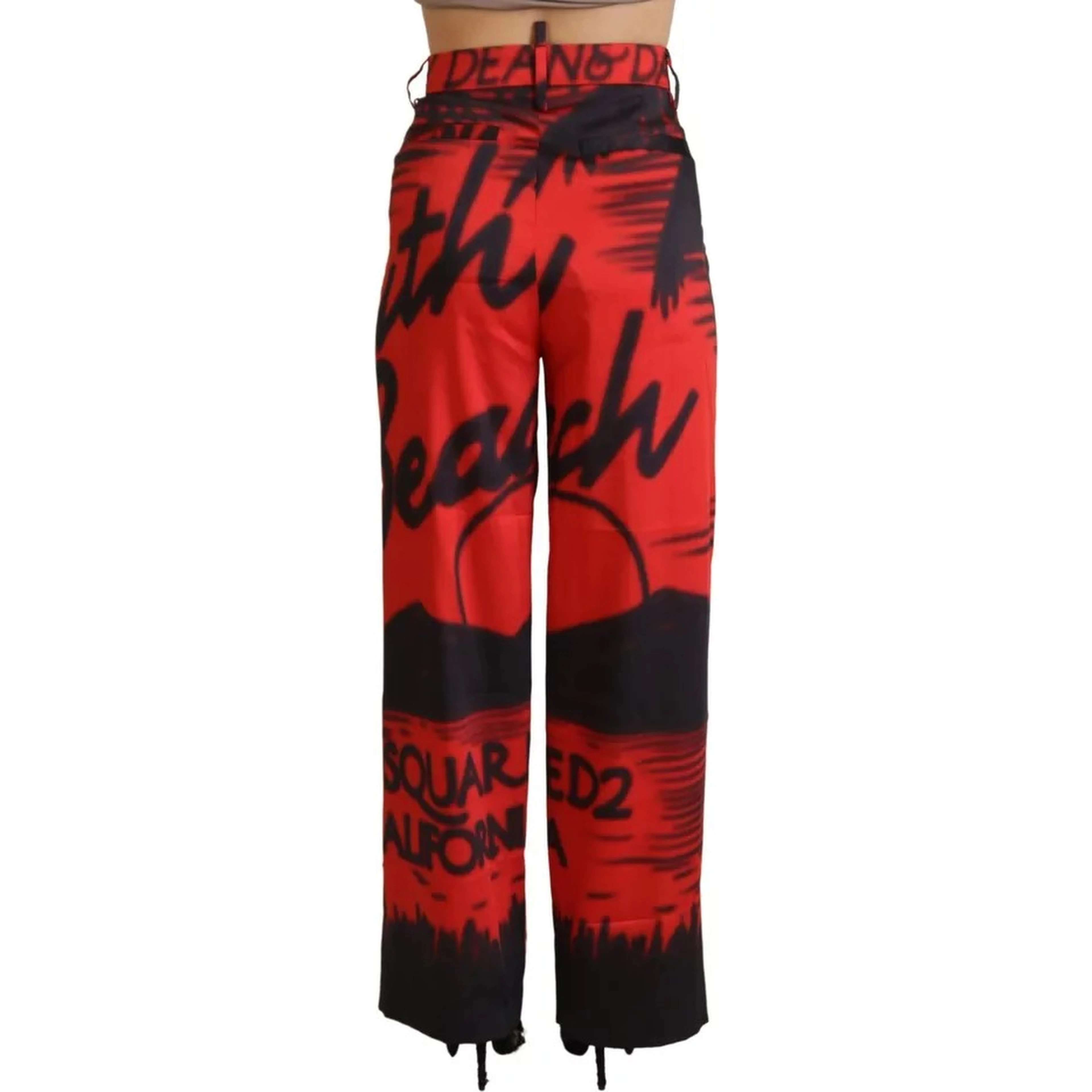 Red Printed High Waist Straight Pants