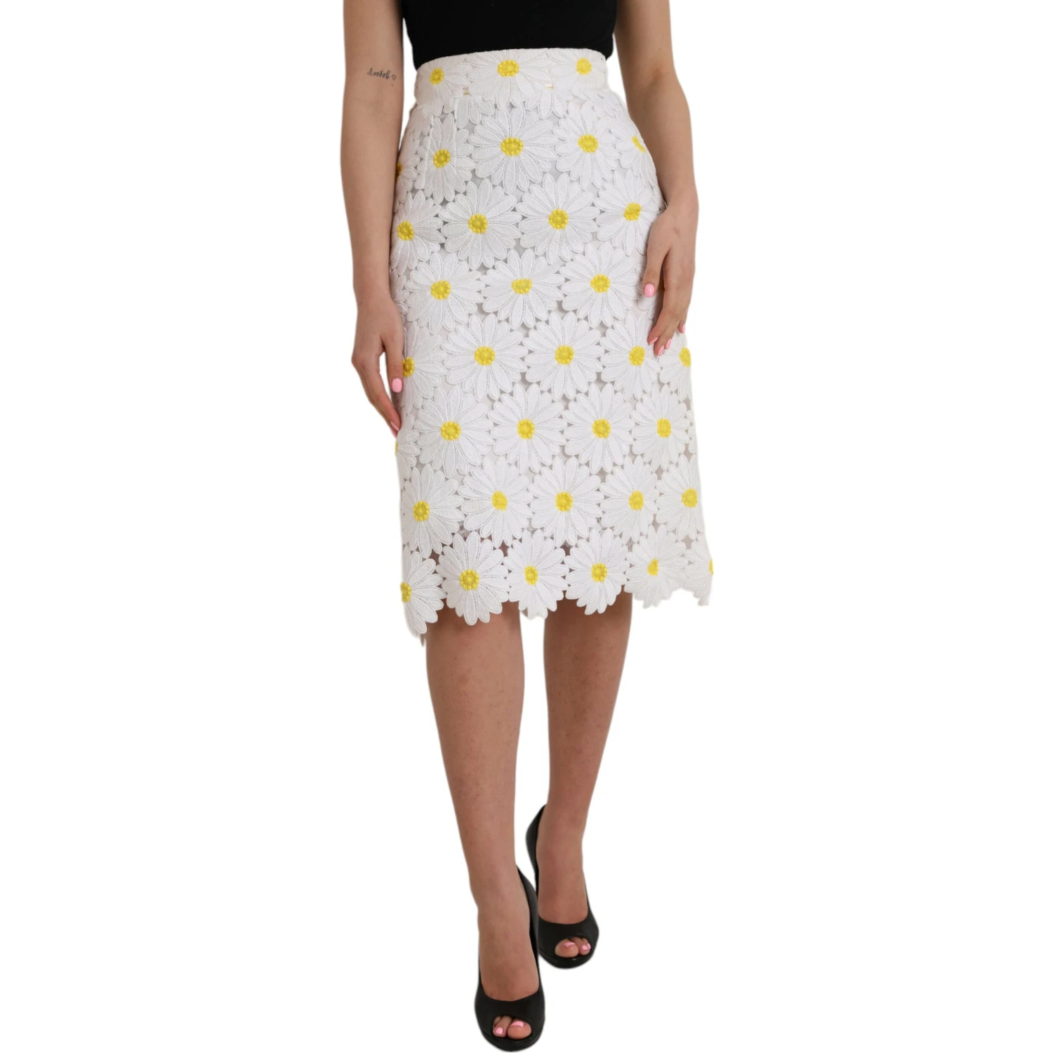 White Floral Pencil Straight Lace Skirt