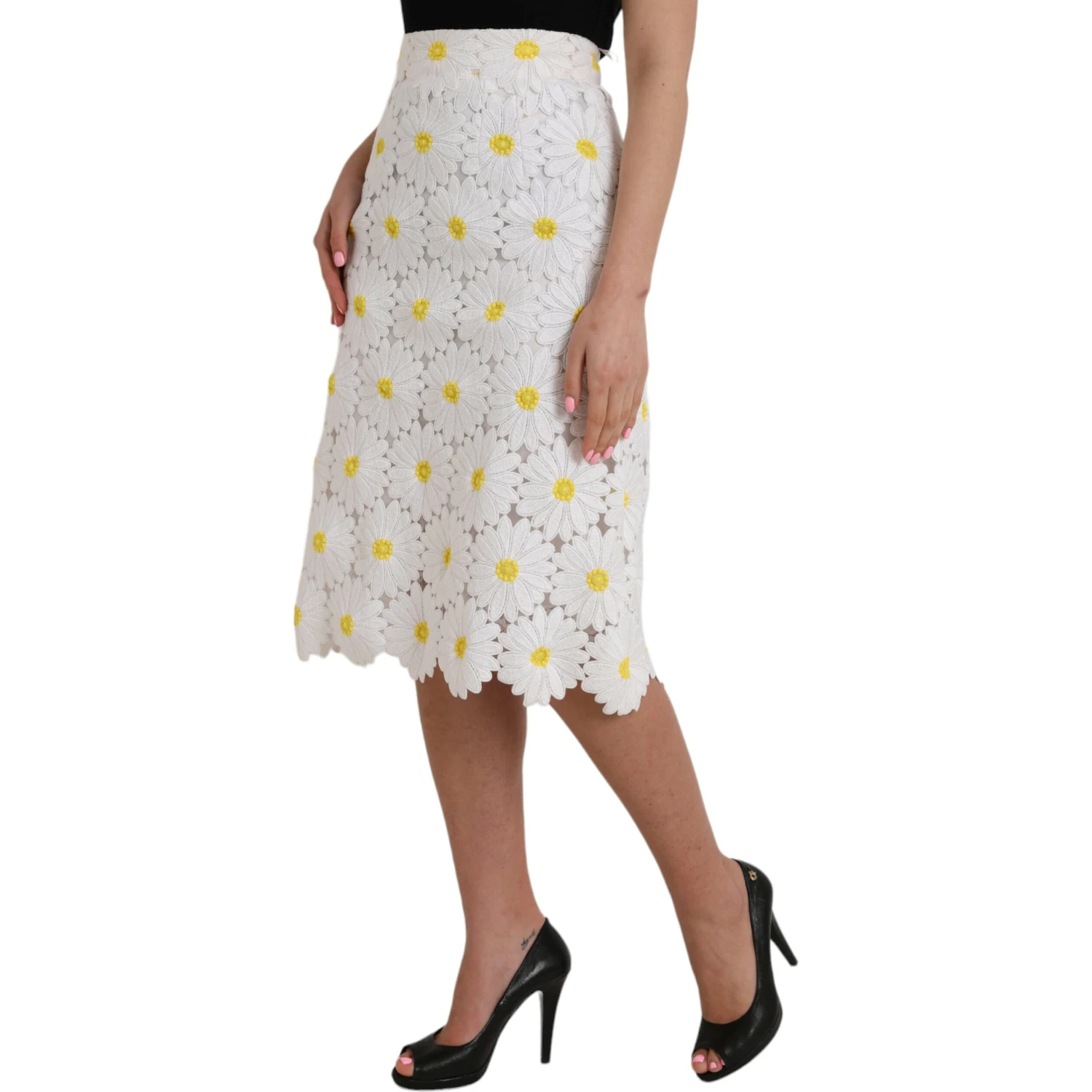 White Floral Pencil Straight Lace Skirt