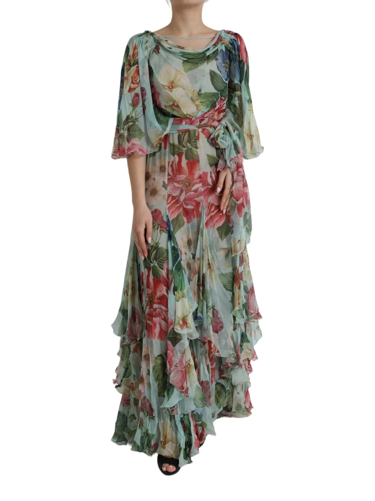 Blue Floral Print Tiered Long Maxi Dress