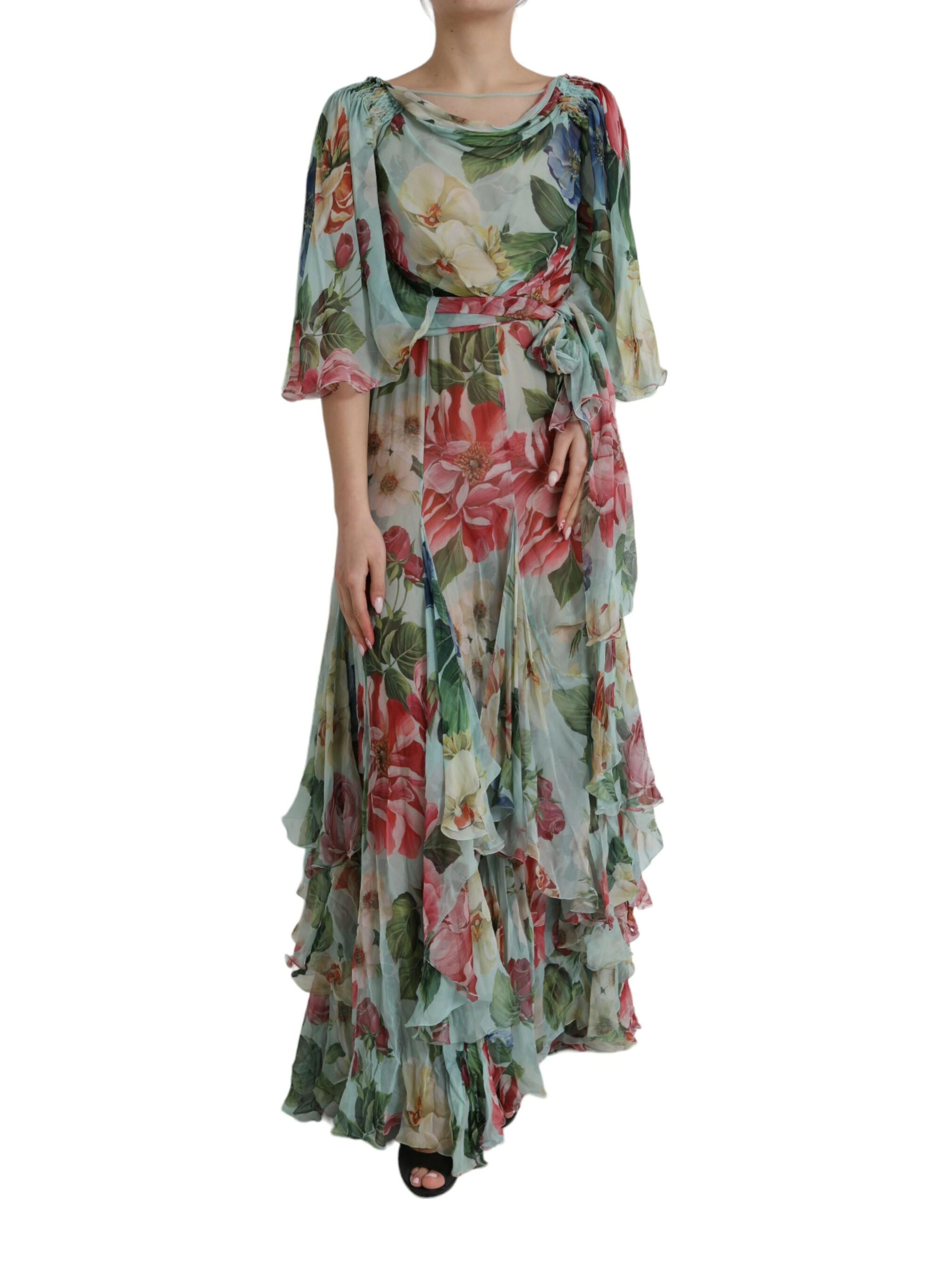 Blue Floral Print Tiered Long Maxi Dress