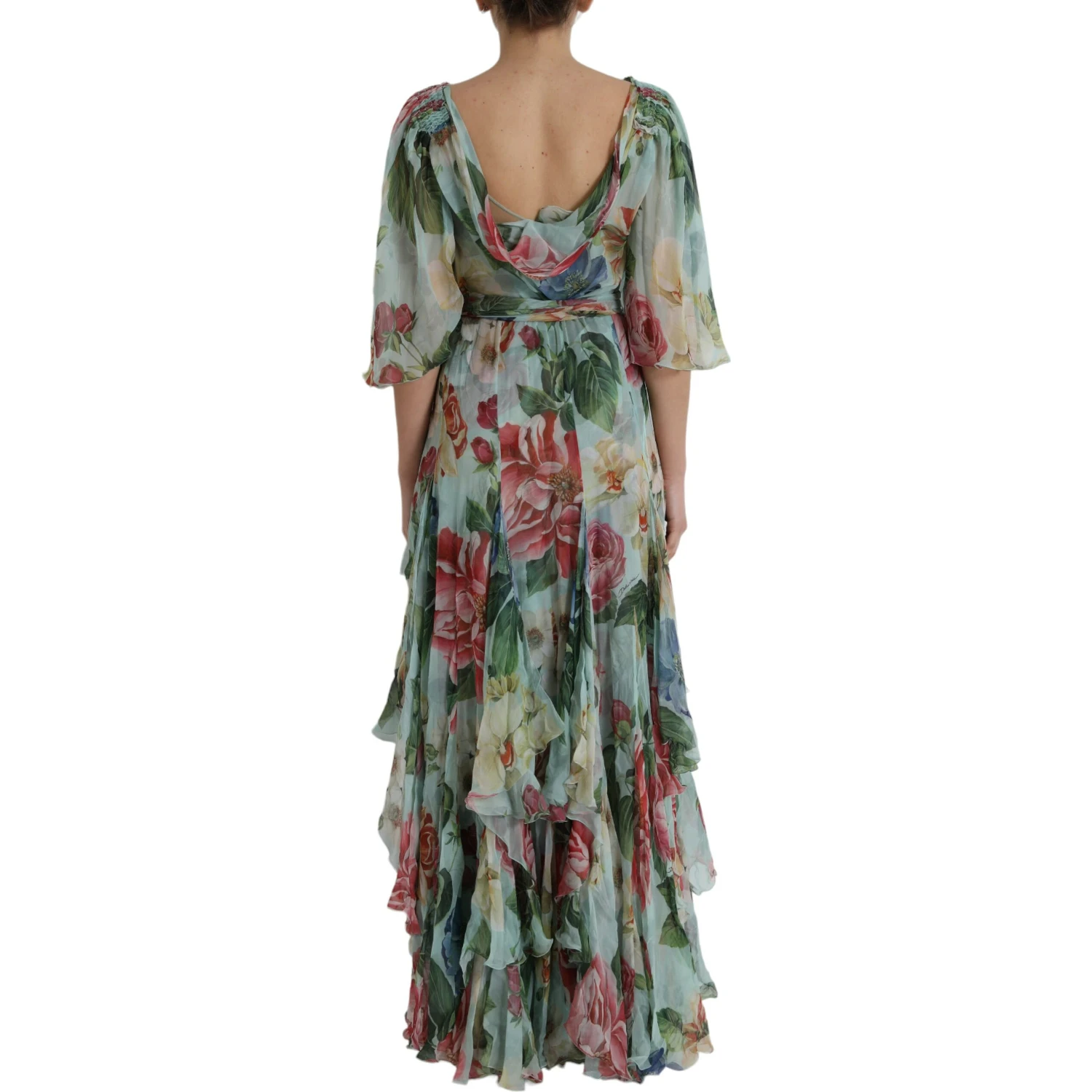 Blue Floral Print Tiered Long Maxi Dress
