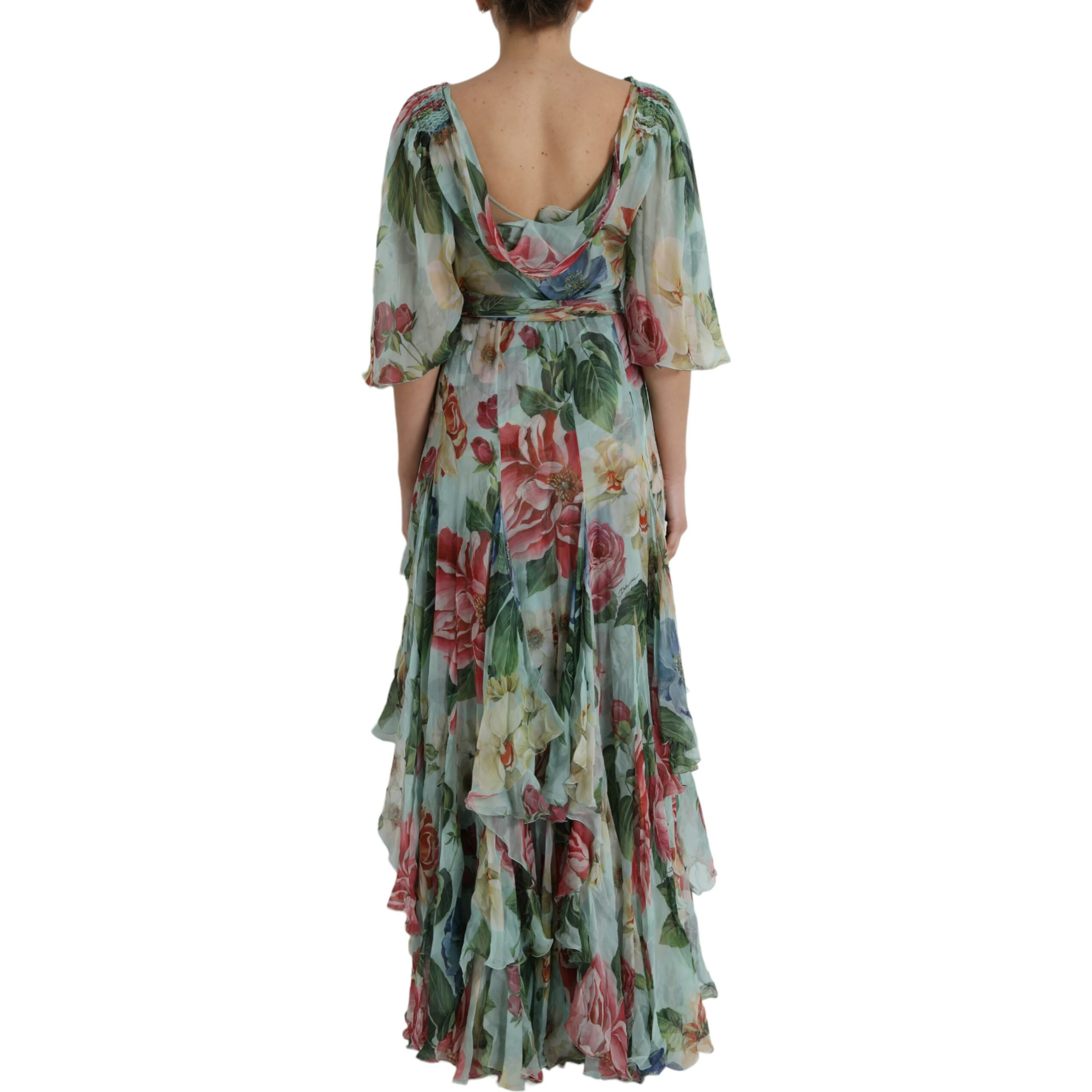 Blue Floral Print Tiered Long Maxi Dress