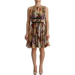 Beige Floral Sleeveless Round Neck Mini Dress