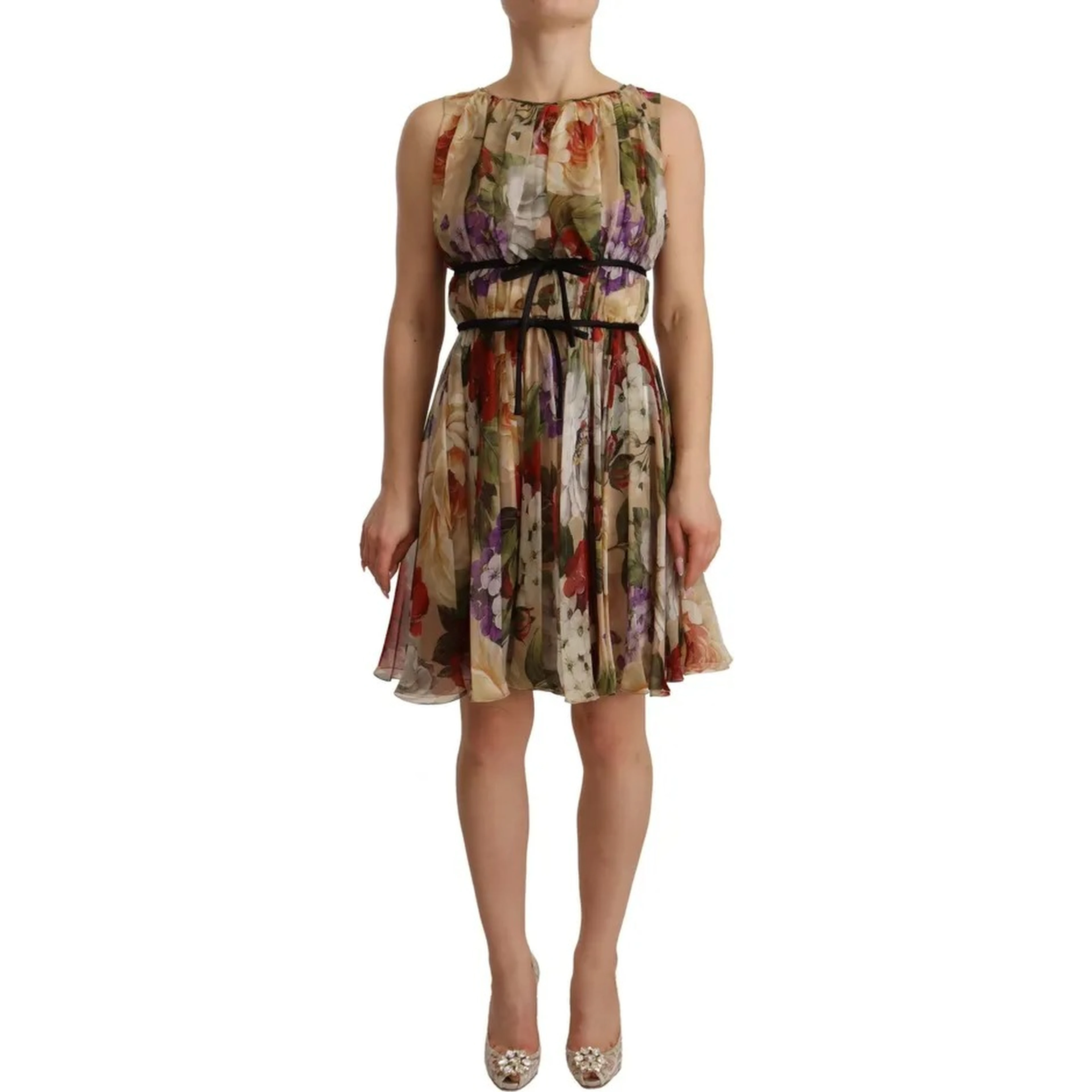 Beige Floral Sleeveless Round Neck Mini Dress