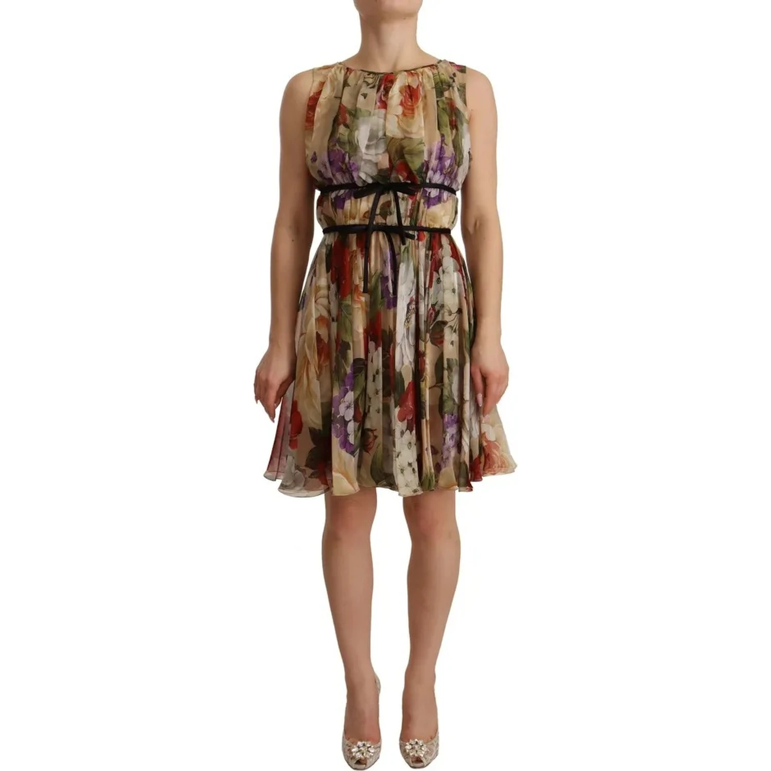 Beige Floral Sleeveless Round Neck Mini Dress