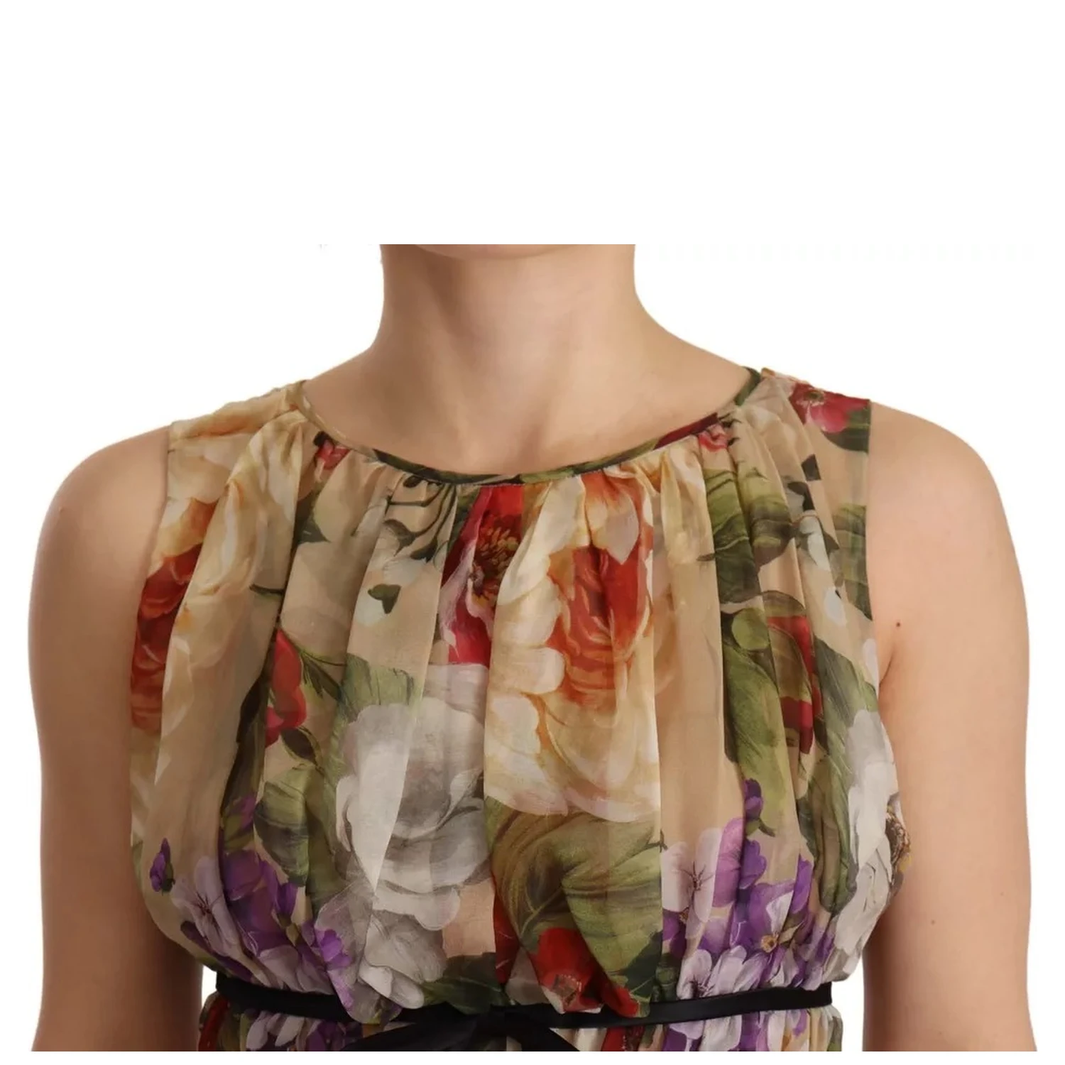 Beige Floral Sleeveless Round Neck Mini Dress