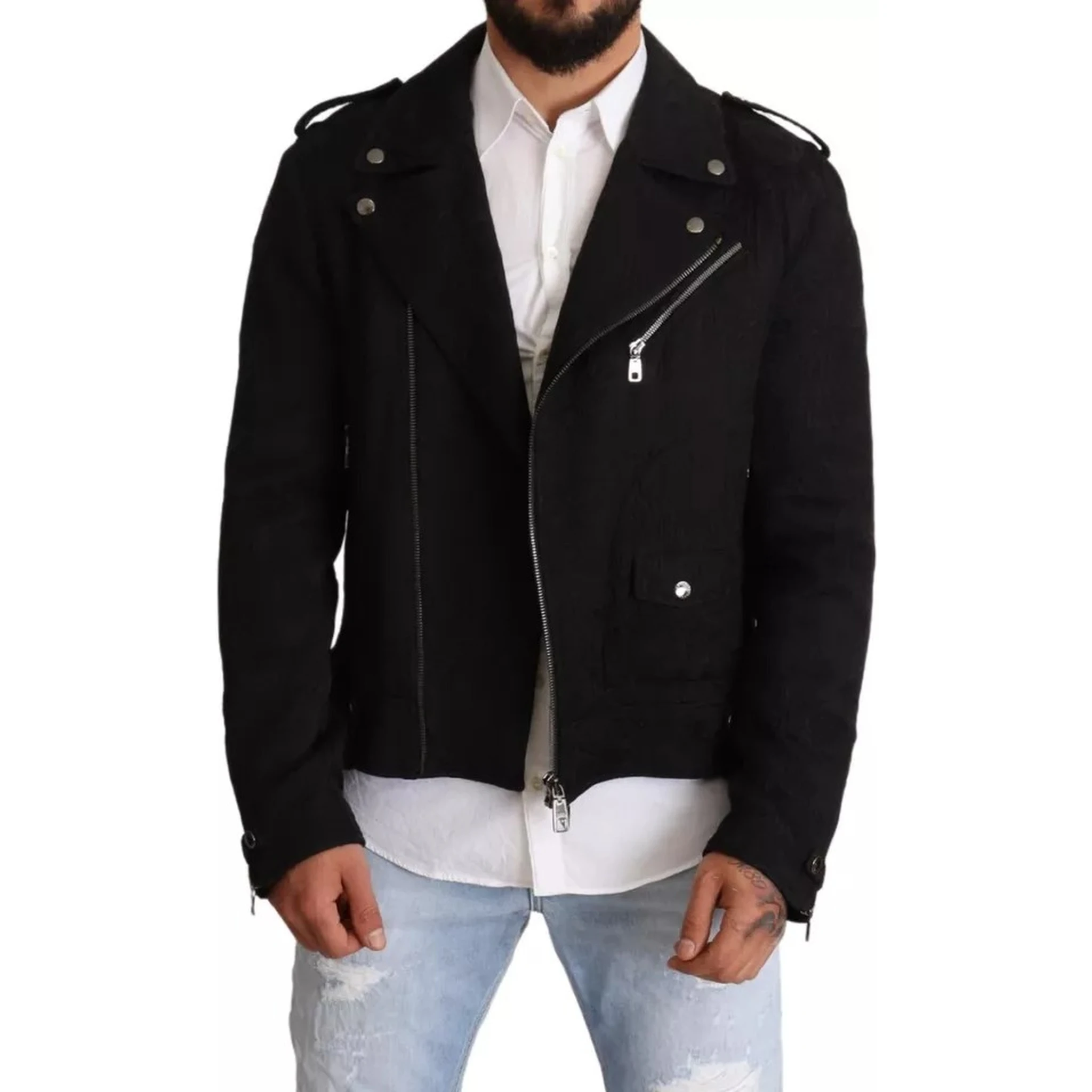 Black Brocade Full Zip Biker Coat Jacket