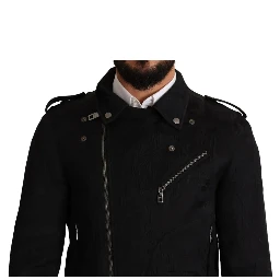 Black Brocade Full Zip Biker Coat Jacket