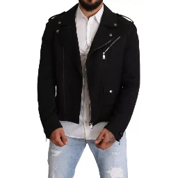 Black Brocade Full Zip Biker Coat Jacket