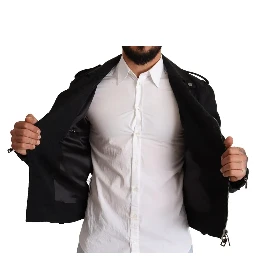 Black Brocade Full Zip Biker Coat Jacket