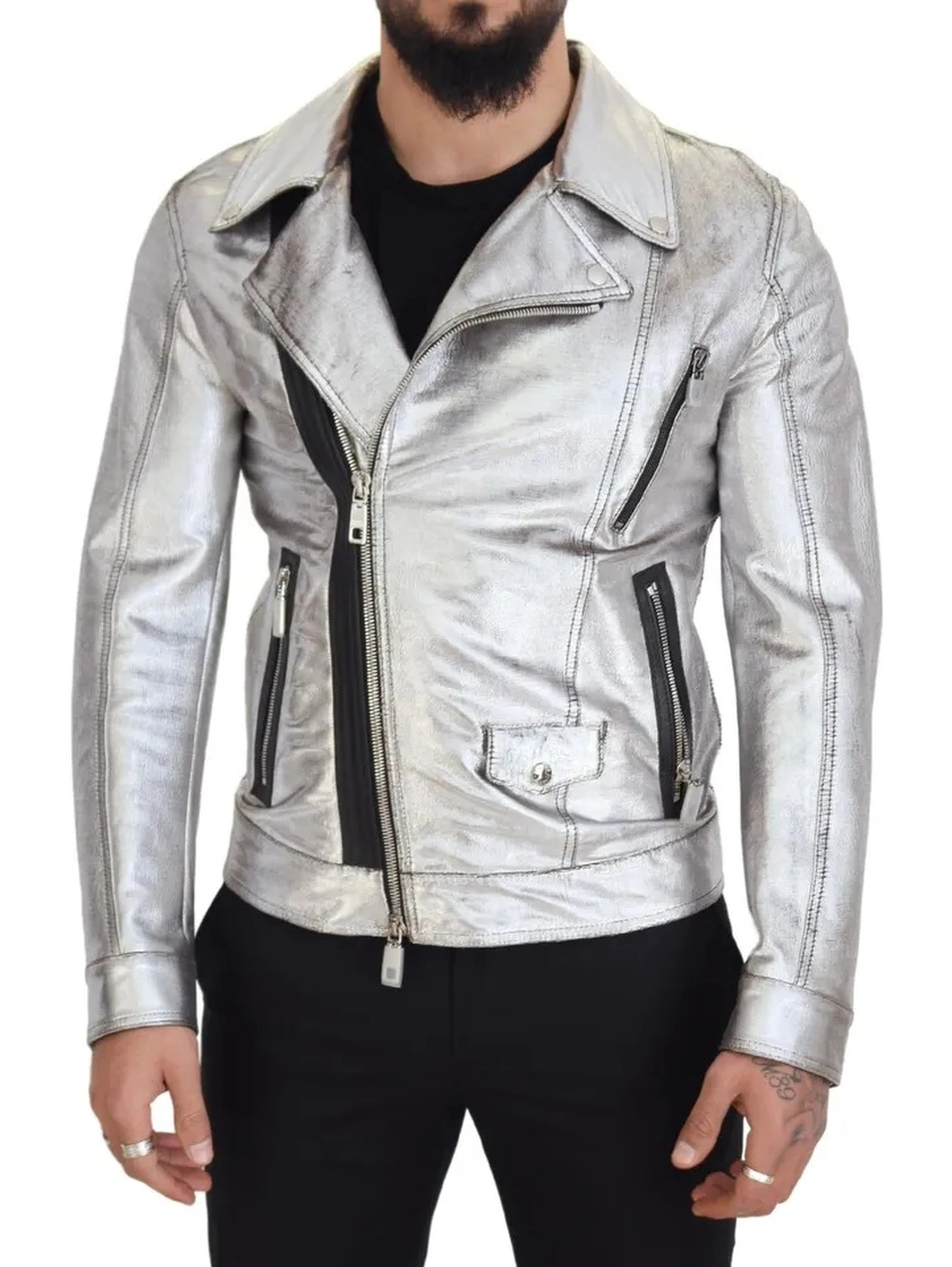 Silver Leather Biker Coat Lambskin Jacket