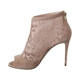 Beige Lace Suede Peep Toe Ankle Boots Shoes