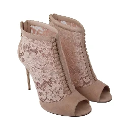 Beige Lace Suede Peep Toe Ankle Boots Shoes
