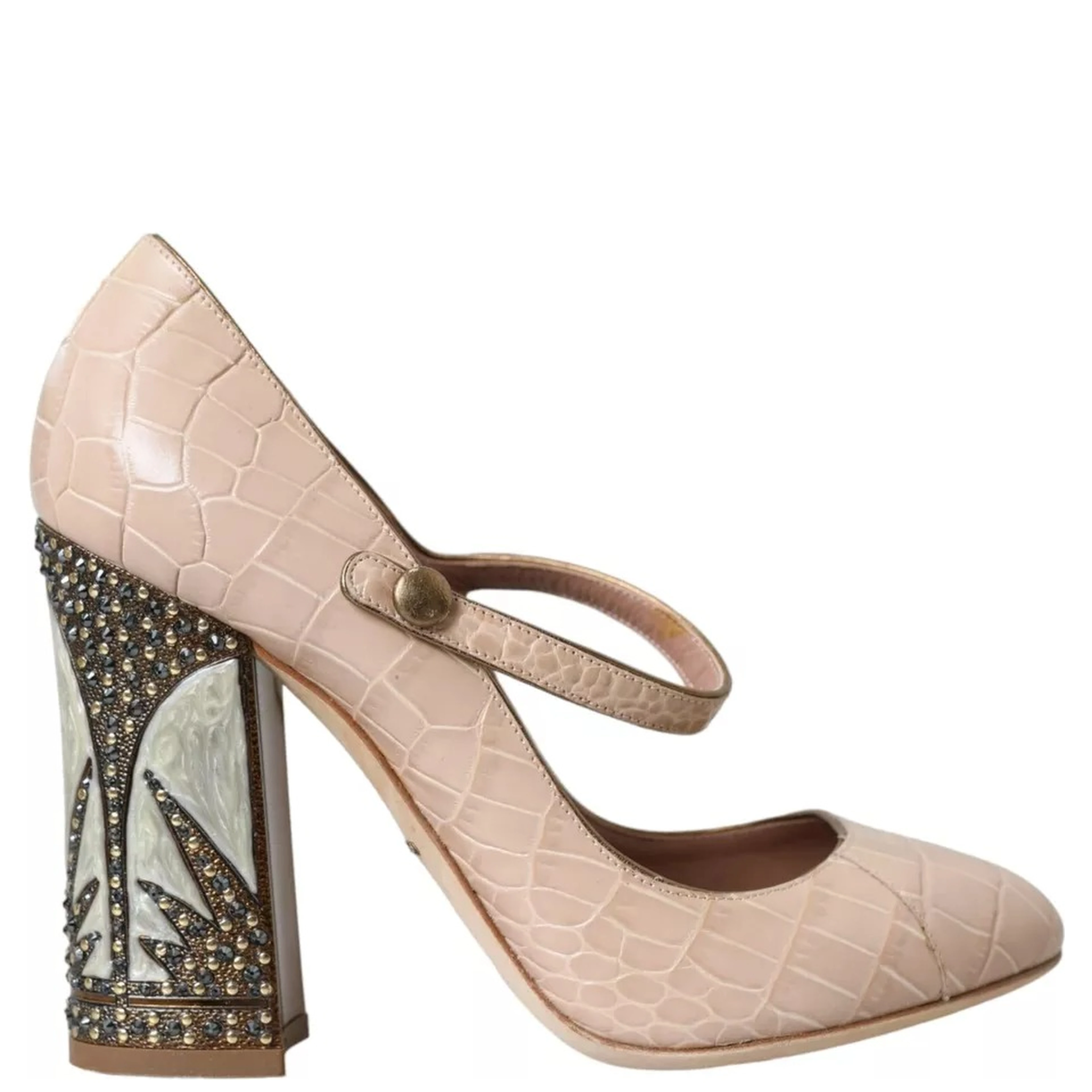 Beige Leather Mary Janes Embellished Shoes