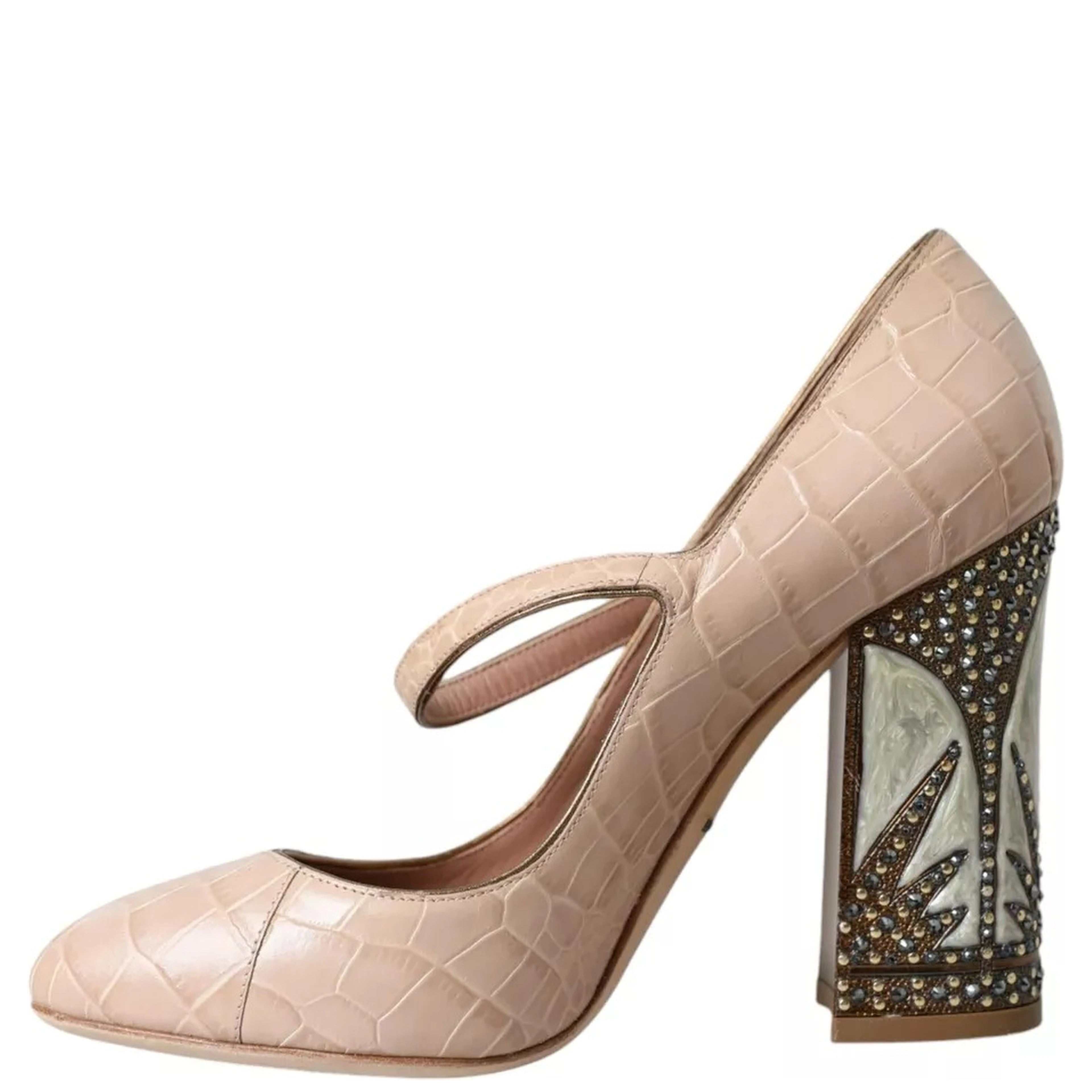 Beige Leather Mary Janes Embellished Shoes