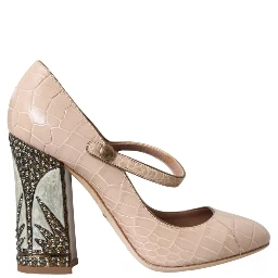 Beige Leather Mary Janes Embellished Shoes