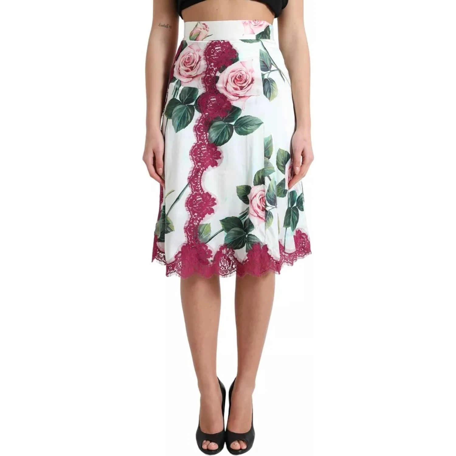 White Rose Print High Waist Midi A-line Skirt