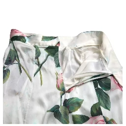 White Rose Print High Waist Midi A-line Skirt