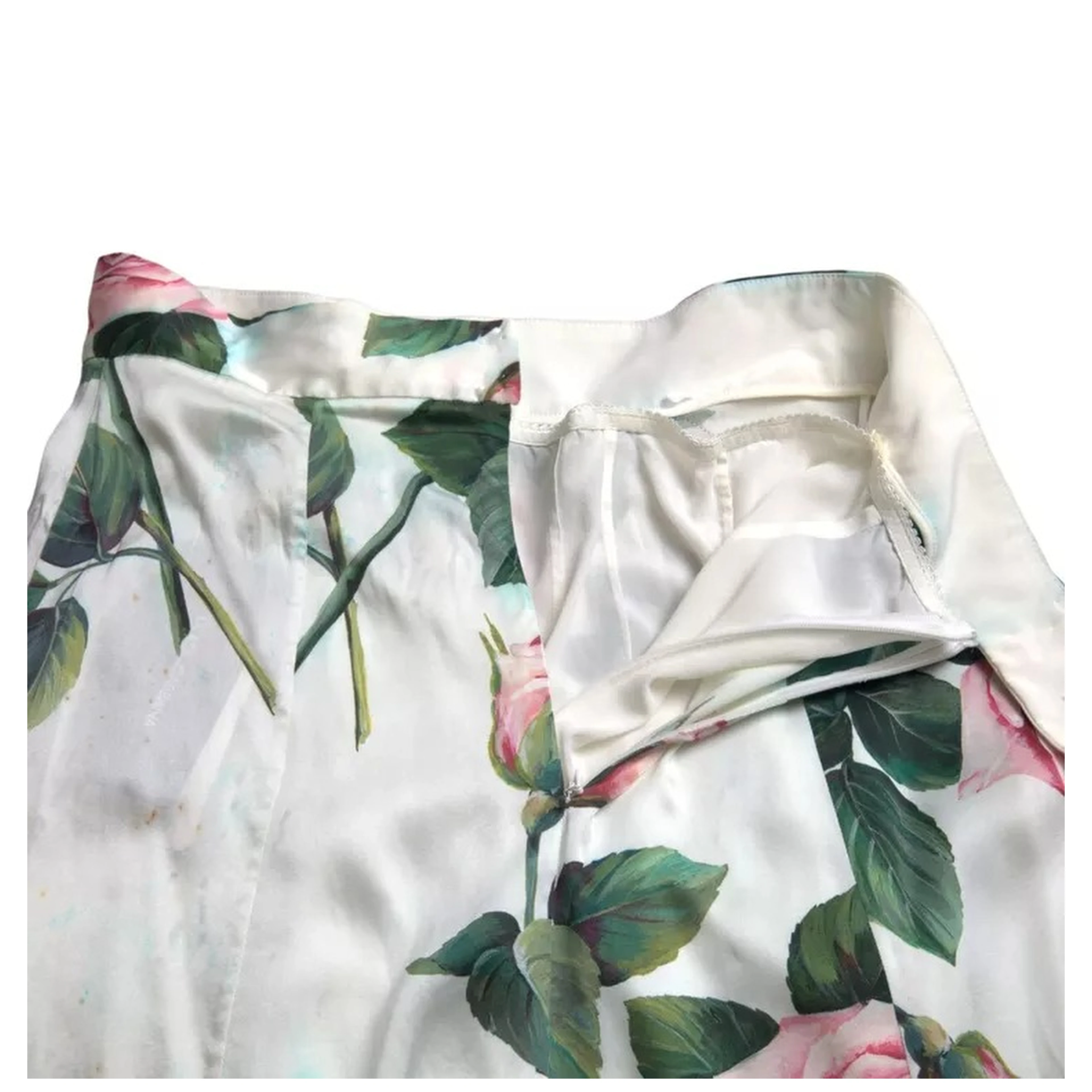 White Rose Print High Waist Midi A-line Skirt