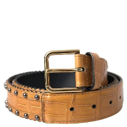 Beige Alligator Leather Studded Metal Buckle Belt