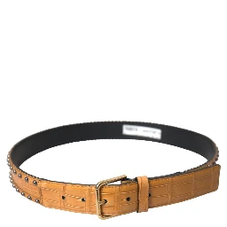 Beige Alligator Leather Studded Metal Buckle Belt