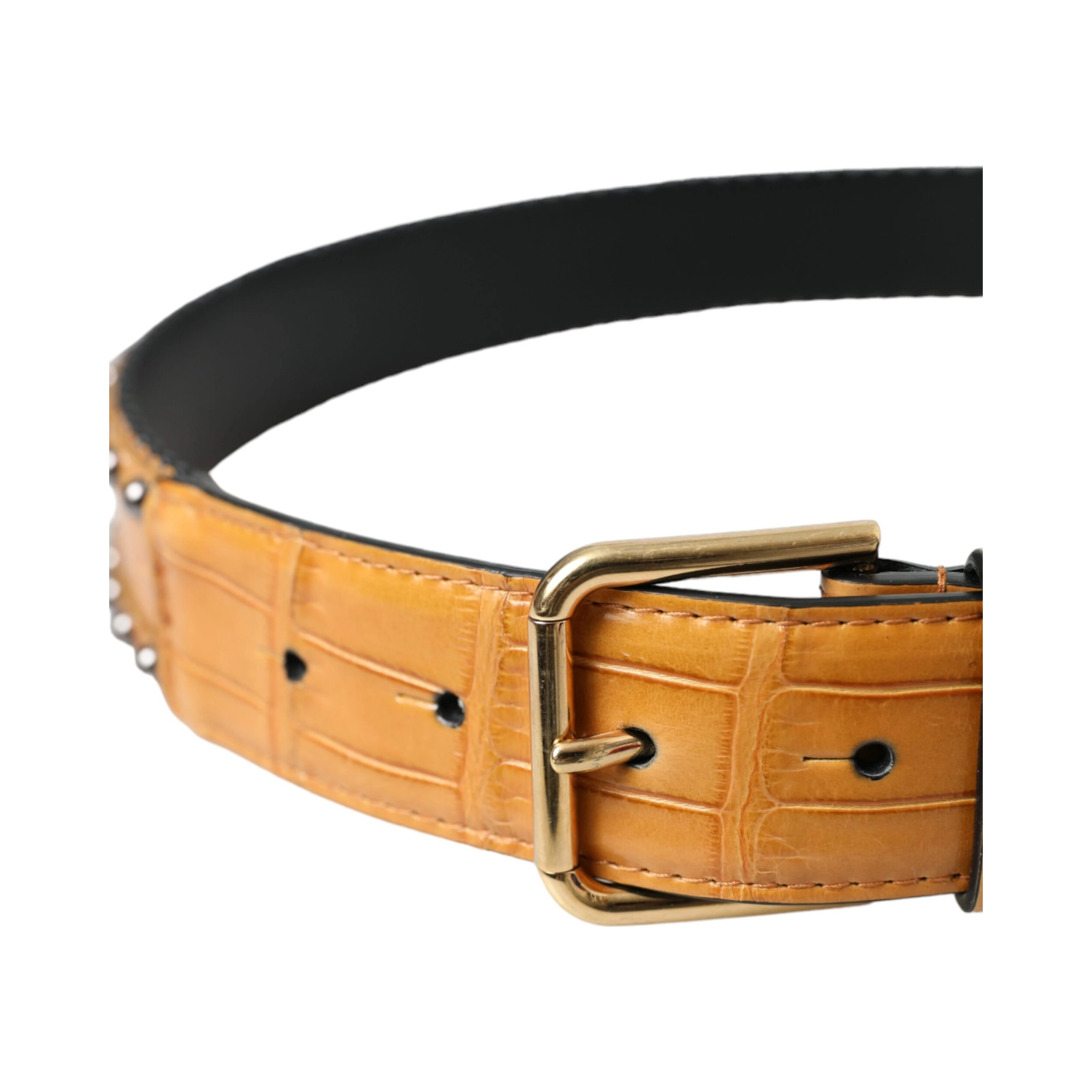 Beige Alligator Leather Studded Metal Buckle Belt