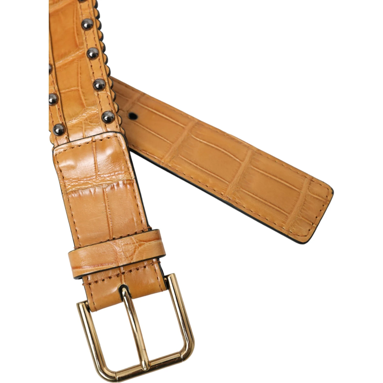Beige Alligator Leather Studded Metal Buckle Belt