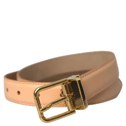 Beige Calfskin Leather Gold Metal Buckle Belt