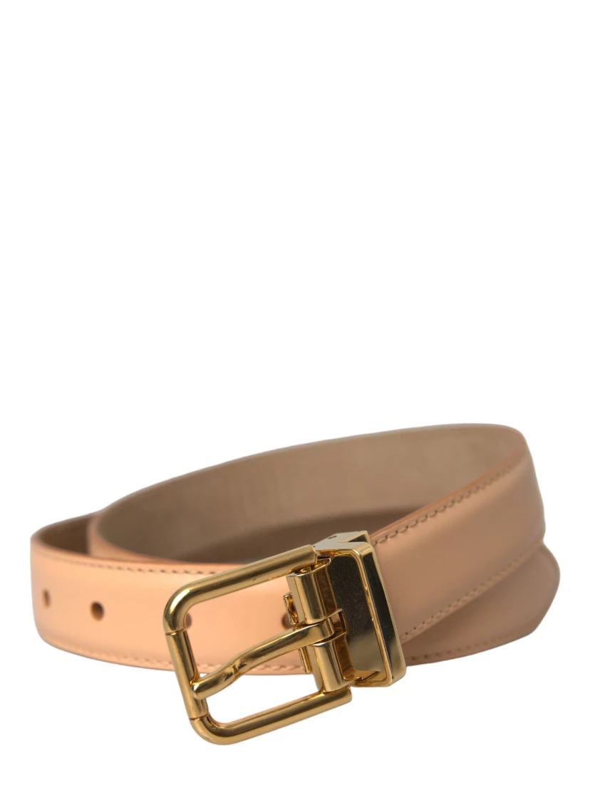 Beige Calfskin Leather Gold Metal Buckle Belt