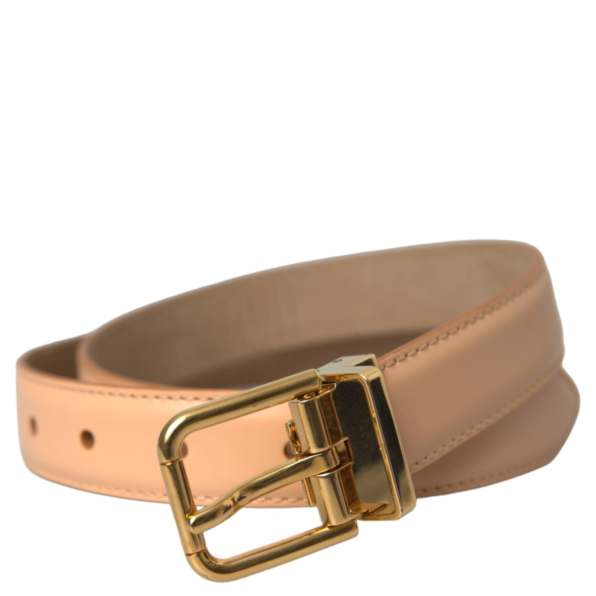 Beige Calfskin Leather Gold Metal Buckle Belt