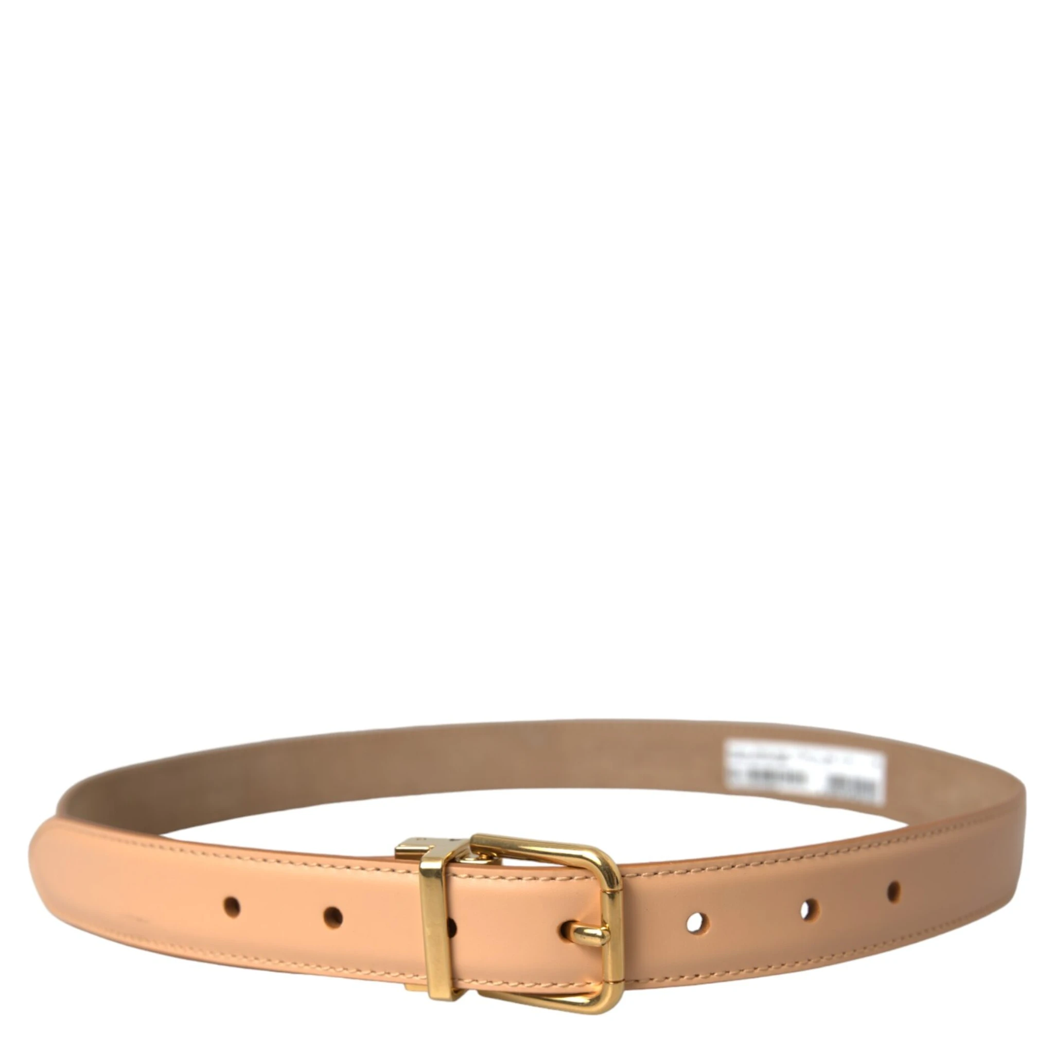Beige Calfskin Leather Gold Metal Buckle Belt