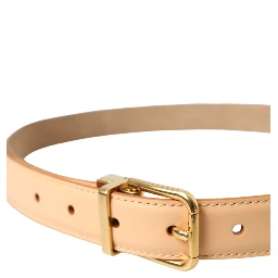 Beige Calfskin Leather Gold Metal Buckle Belt