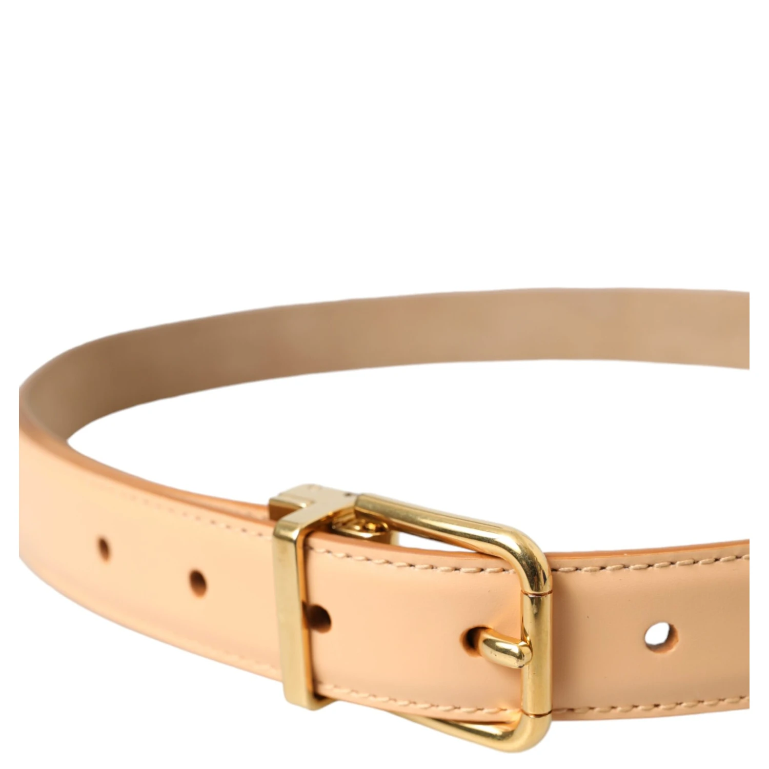 Beige Calfskin Leather Gold Metal Buckle Belt