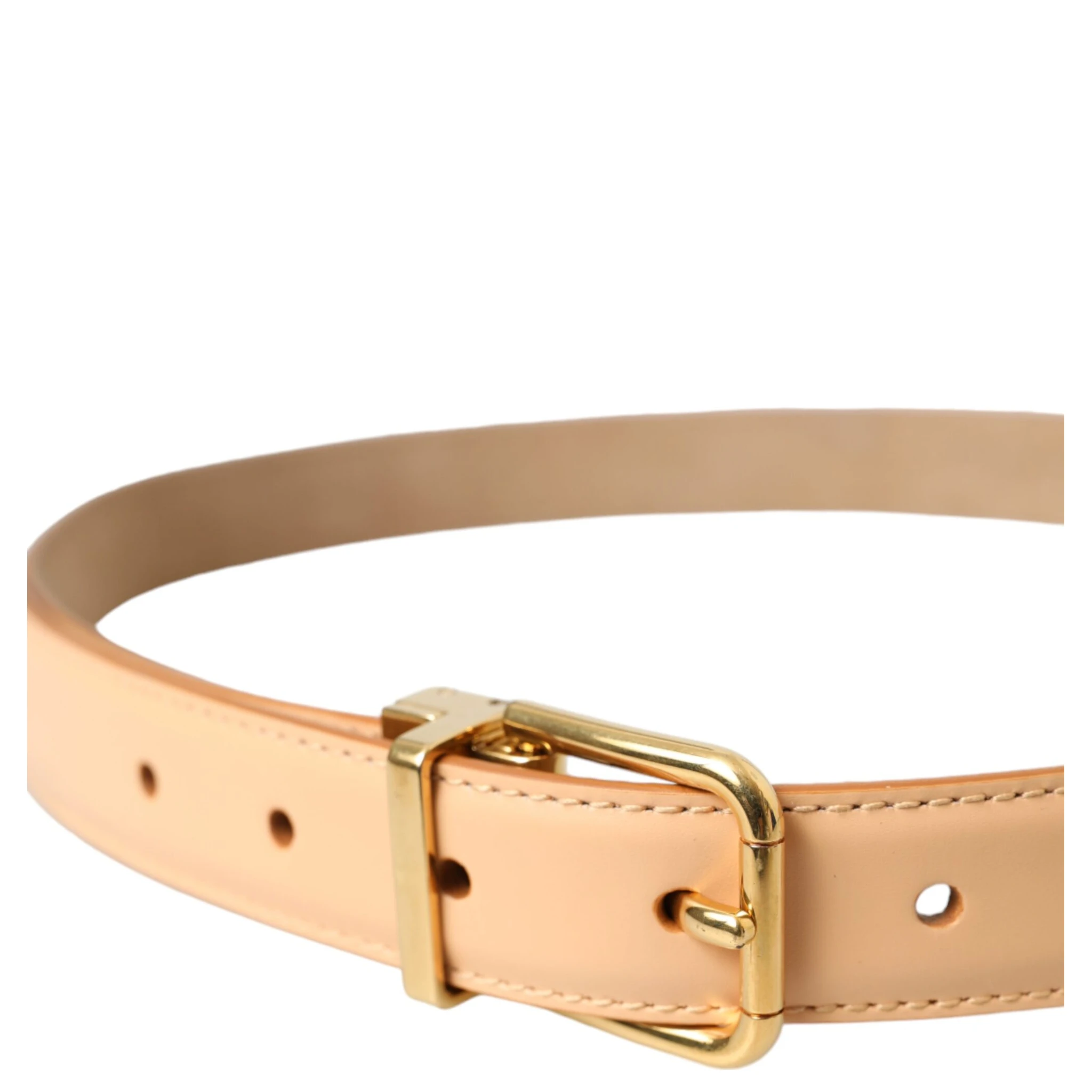 Beige Calfskin Leather Gold Metal Buckle Belt