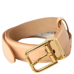 Beige Calfskin Leather Gold Metal Buckle Belt