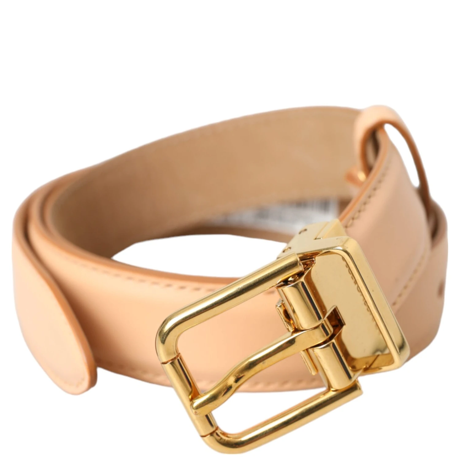 Beige Calfskin Leather Gold Metal Buckle Belt