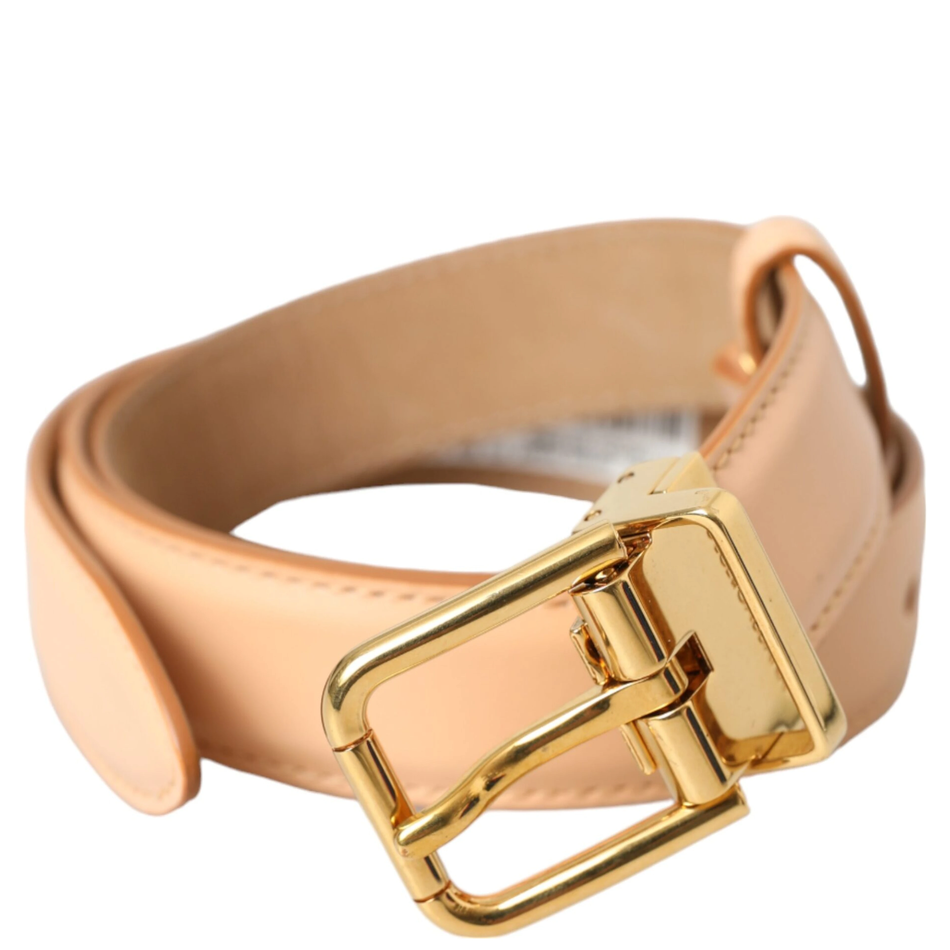 Beige Calfskin Leather Gold Metal Buckle Belt